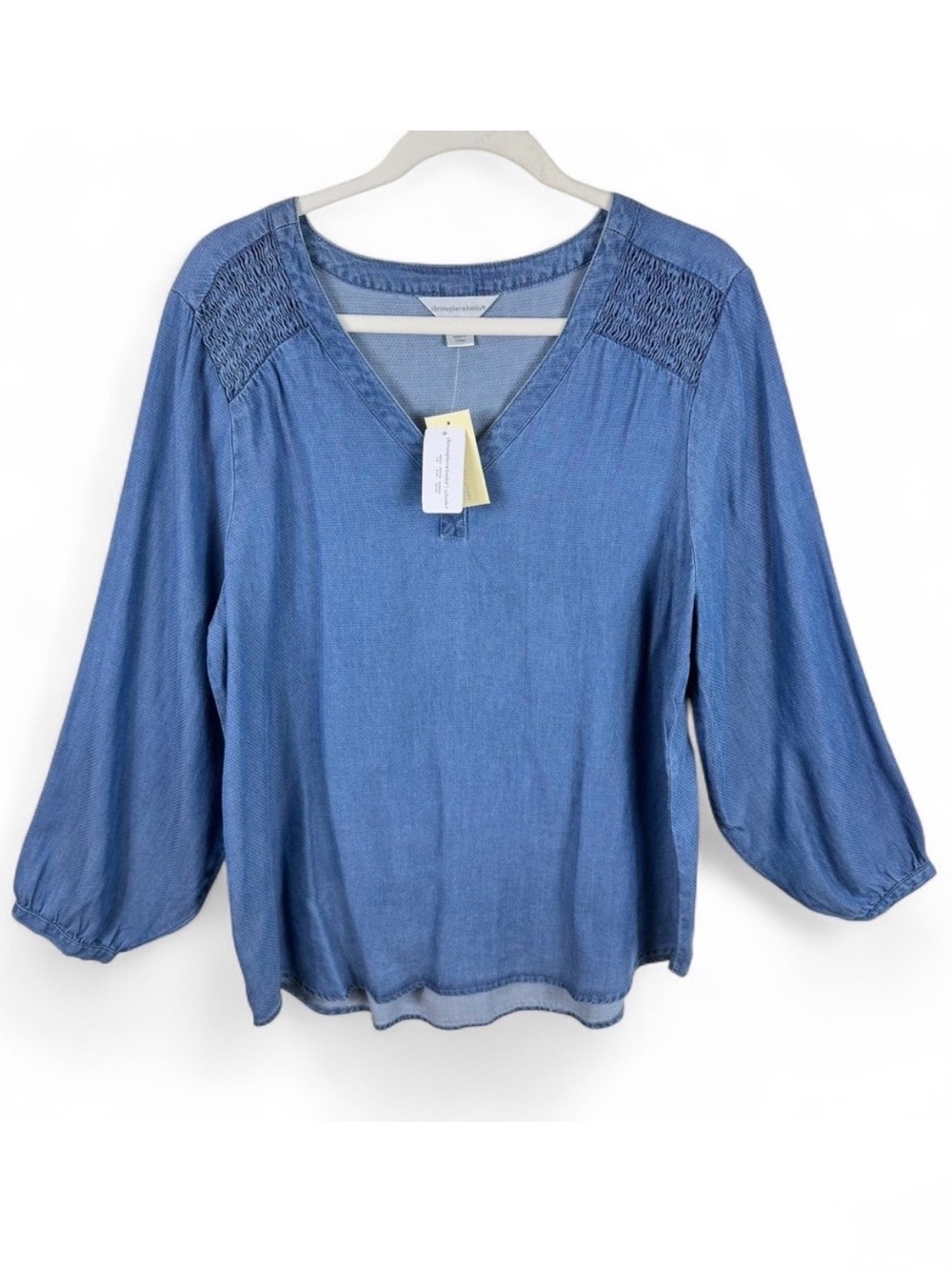 Christopher & Banks Womens Large Blue Lyocell Smocked V-Neck 3/4 Sleeve Top NEW